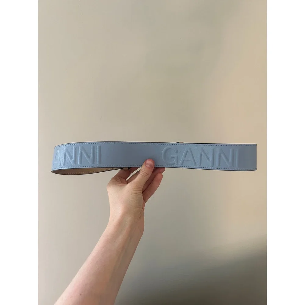 Ganni Blue Belt Size XS/S Embossed Logo Leather